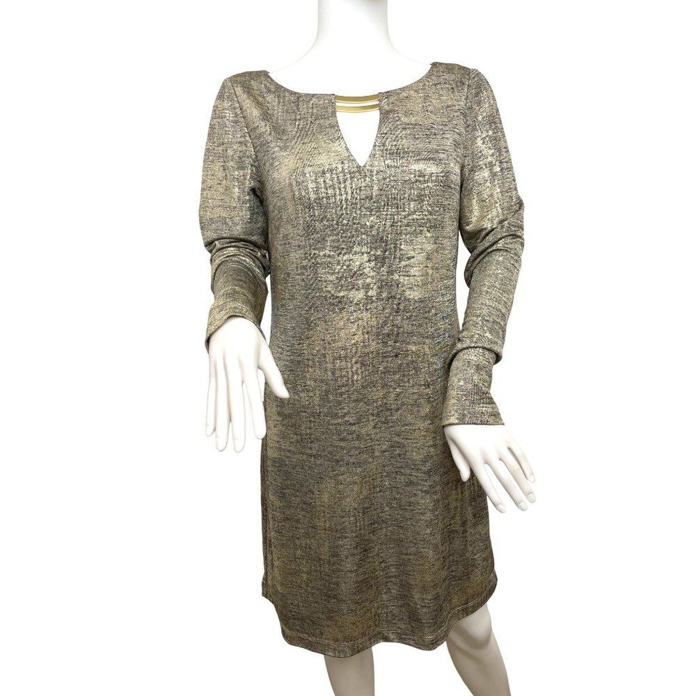 Vince Camuto Dress Gold Grey Metallic 8 Knee Length Long Sleeves Keyhole Neck
